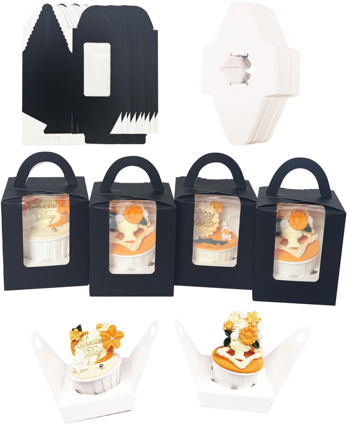 Bakepacker Auto-pop up Individual Cupcake Boxes with Window 60 Count Black Single Cupcakes Box 3.6 x 3.6 x 4.3inch Cupcake Carrier