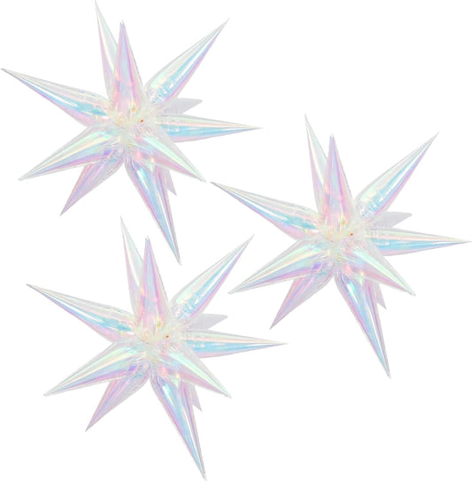 3pcs 26inch 3D iridescent Laser transparency(colorful) Explosion Star foil balloon, iridescent transparency Foil Cone Star burst Balloons for Birthday Wedding New Year Party Event