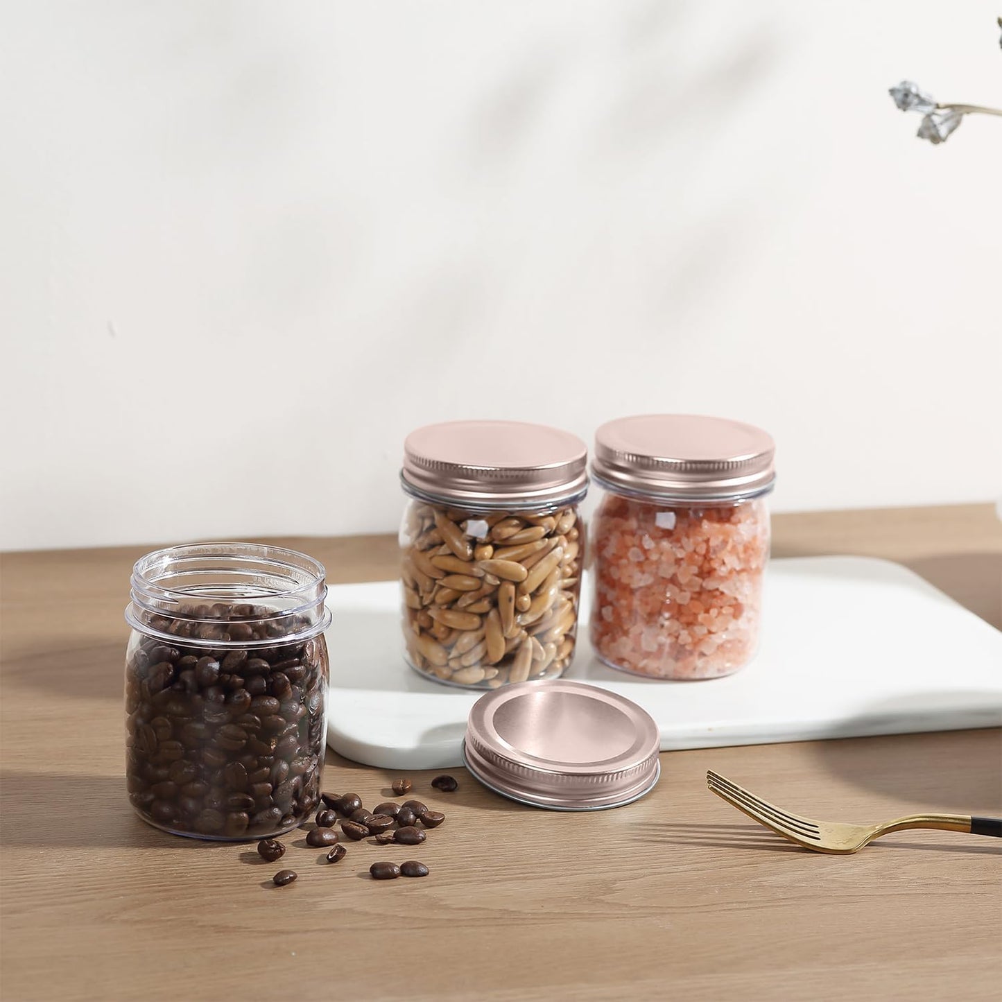 novelinks 8 oz Clear Plastic Jars with Screw-On Lids - BPA-Free Refillable Storage Containers for Slime, Spices, Crafts, Kitchen & Home Organization (48 Pack,Rose Gold)