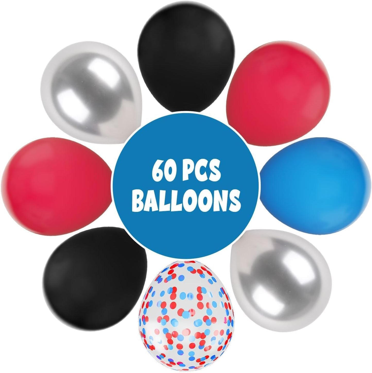 FunHot Red and Blue Balloons, 60 Pcs Red Black Blue Balloons, 12 Inch Metallic Silver Latex Balloon Helium Blue Confetti Balloon for Graduation Baby Shower Boys Kids Birthday Party Decorations
