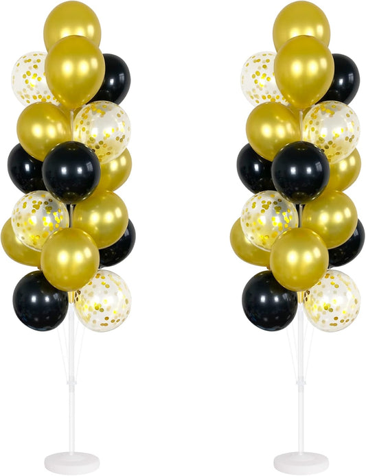 Balloon Column Kit Set of 2 With Confetti Balloons Included - with Base, and Pole,Balloon Tower Backdrop Decoration for Wedding, Baby Shower, Birthday Party, or Bachelorette Parties (Black Gold)
