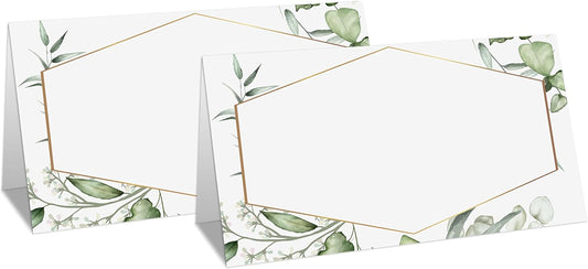 Gold Foil Greenery Table Place Card, 25 Pcs Tent Style Cards Set with Green Eucalyptus, Editable Name Cards for Table Seating, Food Lables for Birthday Party, Baby Shower, Wedding, Bridal Shower(12)