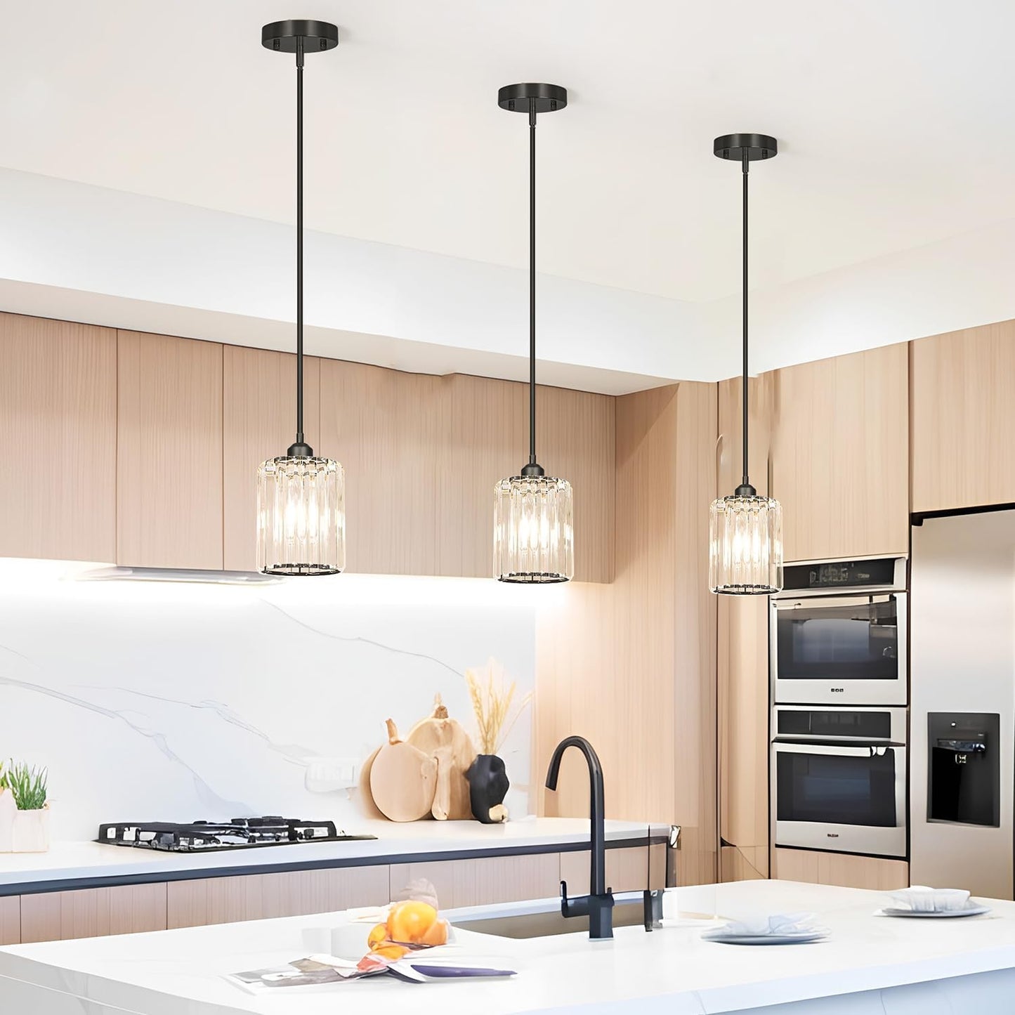 Black Kitchen Pendant Lights Over Island with Adjustable Rods - Crystal Pendant Lighting Fixtures 3 Pack, Ideal Over Dining Table or Bar, E26 Bulb Compatible, No Electrician Needed