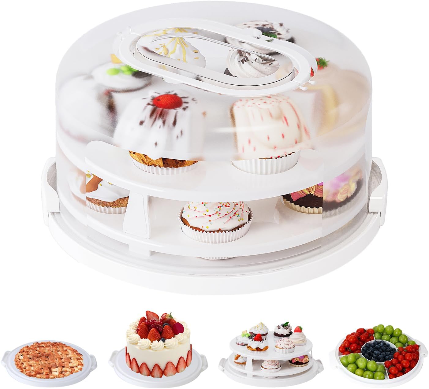 Round Cupcake Carrier for Transport, Two Tier Cupcake Container with Lid and Handle, Multipurpose Cake Holder fits 10 inch Cake, Cupcake Box Holds 14 Standard Cupcakes,White