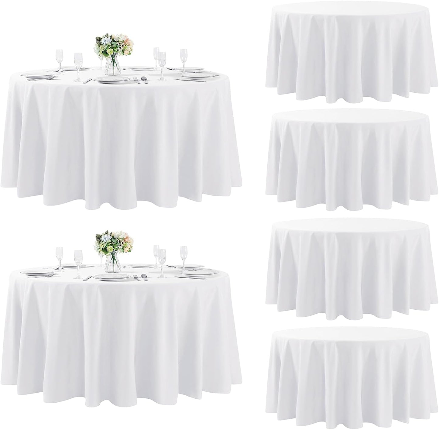 Fokitut 6 Pack Round Tablecloth, 132 Inch, Stain Resistant and Wrinkle Polyester Table Cloth, Fabric Table Cover for Kitchen Dining, Wedding, Party, Holiday Dinner-White