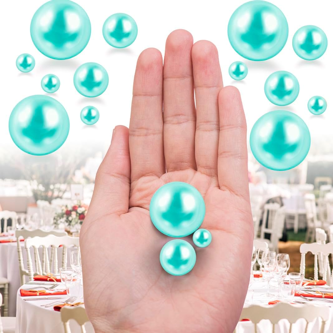 150Pcs Lake Blue Polished No Hole Faux Pearl Beads for Vase Filling Decorations, Plastic Pearls Vase Fillers, Table Scatters, Wedding Centerpiece, Home Decor, 8/14/20 mm