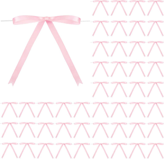 Riceshoot 100 Pcs Twist Tie Bows Bulk 5x7 Inch Satin Ribbon Bows for Gift Wrapping Cake Treat Bags Craft DIY Gift Wedding Baby Shower Birthday Party(Pink)
