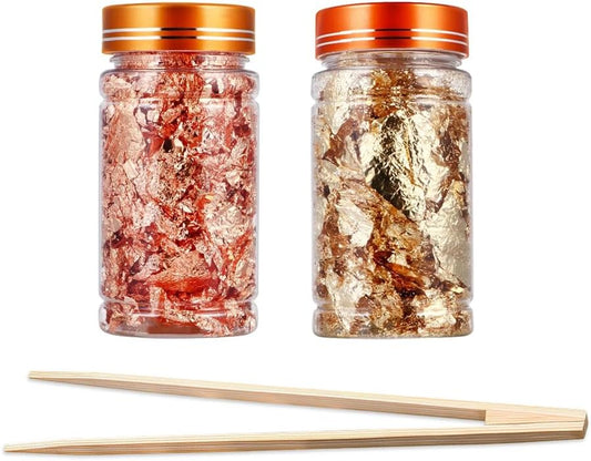 Gold Flakes for Resin, 2 Bottles 10g Imitation Golden Foil Gilding Flake Metallic Leaf for Cake Decoration Chocolate Making Nails Painting Art Crafts with Bamboo Tweezers (Gold, Copper Colors)