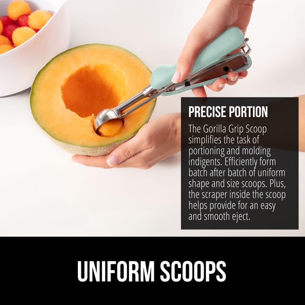 GORILLA GRIP Stainless Steel Cookie Scoop for Baking, 2 TBSP, Multipurpose Melon Baller, Meatball Spring Scoops, Perfect Portion Sizes, Easy Food Release, Scooper Size 40, BPA-Free Kitchen Tool, Mint