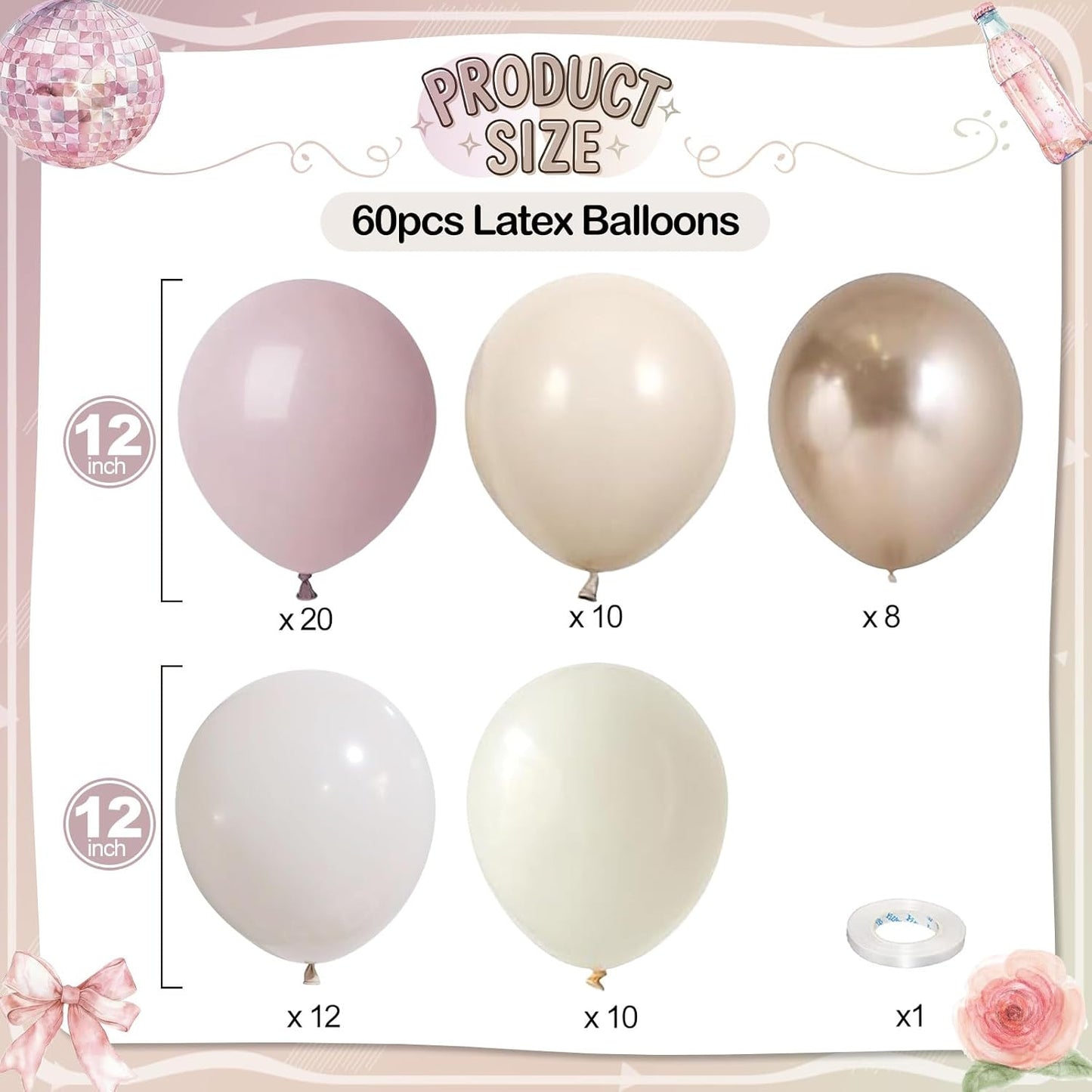 Dusty Pink Beige Balloons, 60 Pcs 12 Inch Pink Sand White Balloons, Metallic Gold Nude Cream Balloon for Girls Women Birthday Pastel Bridal Shower Boho Wedding Baby Shower Engagement Party Decoration
