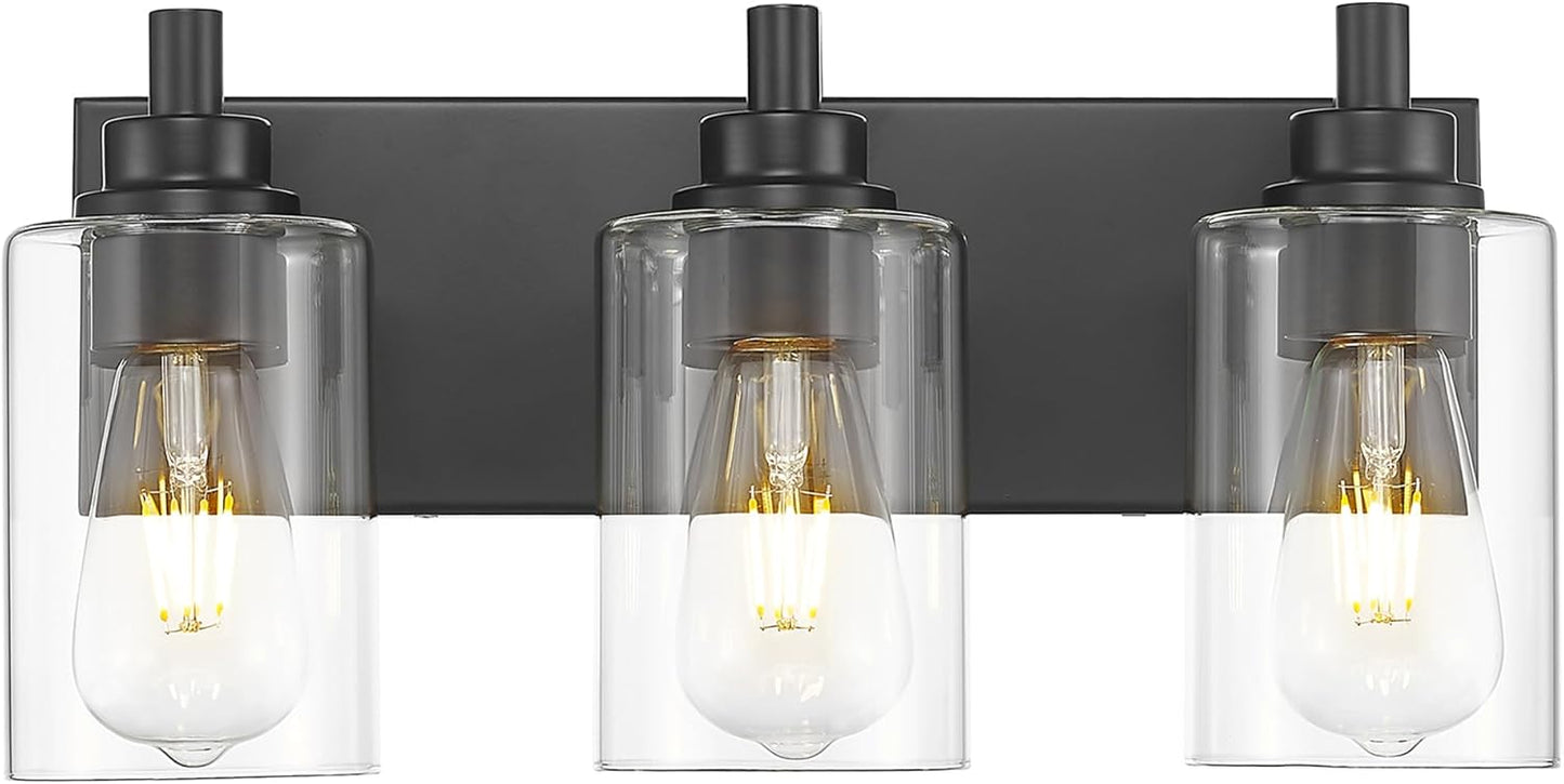 3-Light Bathroom Light Fixtures, Black Vanity Light with Cylinder Clear Glass Shade, Modern Vanity Lighting Fixtures Over Mirror, VL143-MB-3