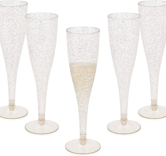 Oojami 90 Plastic 6.5 oz Disposable Champagne Flutes Ideal for Toasting, Wedding, Birthday, Baby Showers, Retirement, Celebration, Mimosa, Cocktails, Engagements, Birthday, Parties (Gold Glitter)