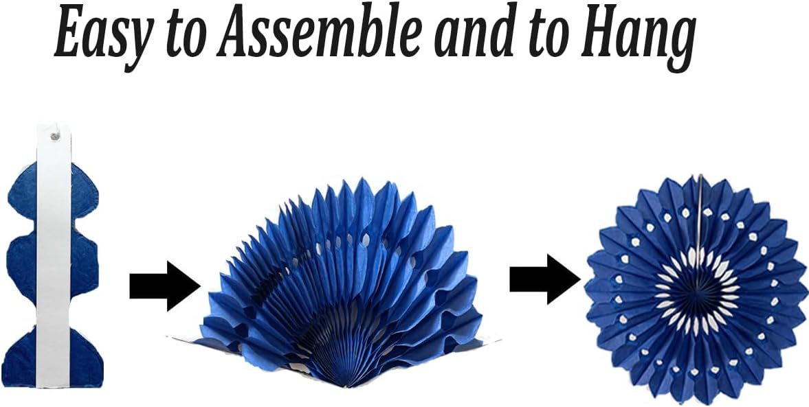 15pcs 6'' 8'' 10'' Paper Fans Set - Blue Tissue Paper Fans Decor for Party, Birthday, Wedding Events