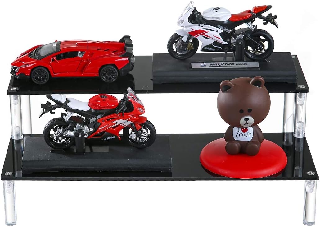 BYCY Acrylic Black 2-Tier Riser Display Shelf for Figures, Desserts Holder, Collections Organizer and Cosmetic Items Shelf (2 Tier 12" X 6.9" X 4.25")…