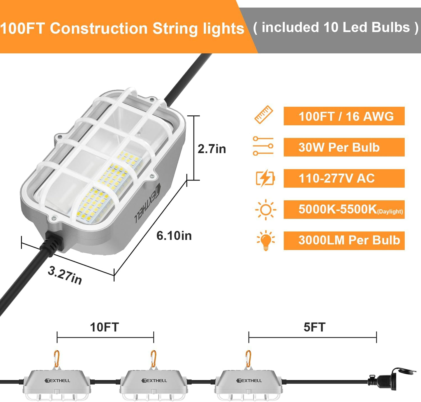 100ft LED Construction String Lights 300W Super Bright 30000LM Work Lights String Connectable Design for Workplace, Warehouse, Garage, RV, Indoor and Outdoor Weatherproof Temporary Lighting
