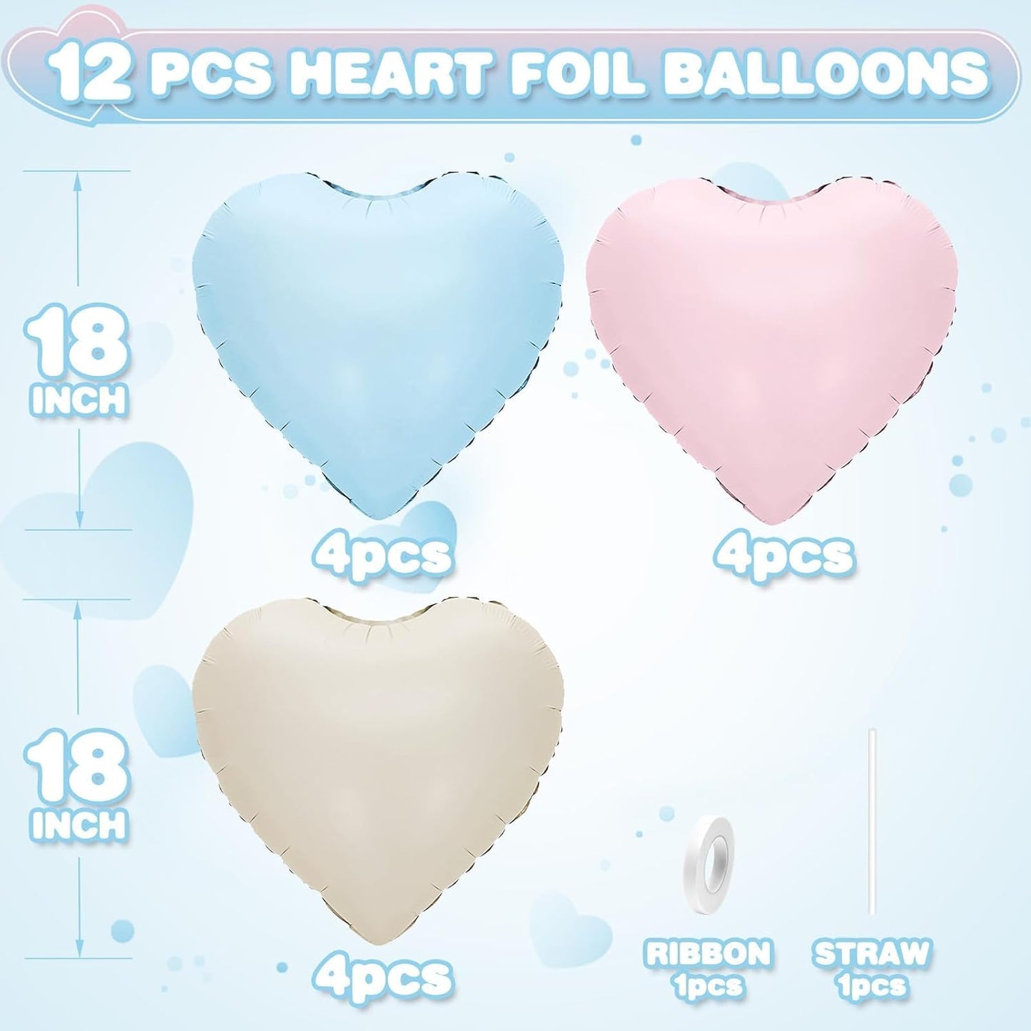 Pink Blue Heart Balloons,12Pcs 18Inch Cream White Baby Pink Blue Heart Shaped Foil Helium Balloons for Baby Shower Birthday Anniversary Wedding Gender Reveal Party Decorations