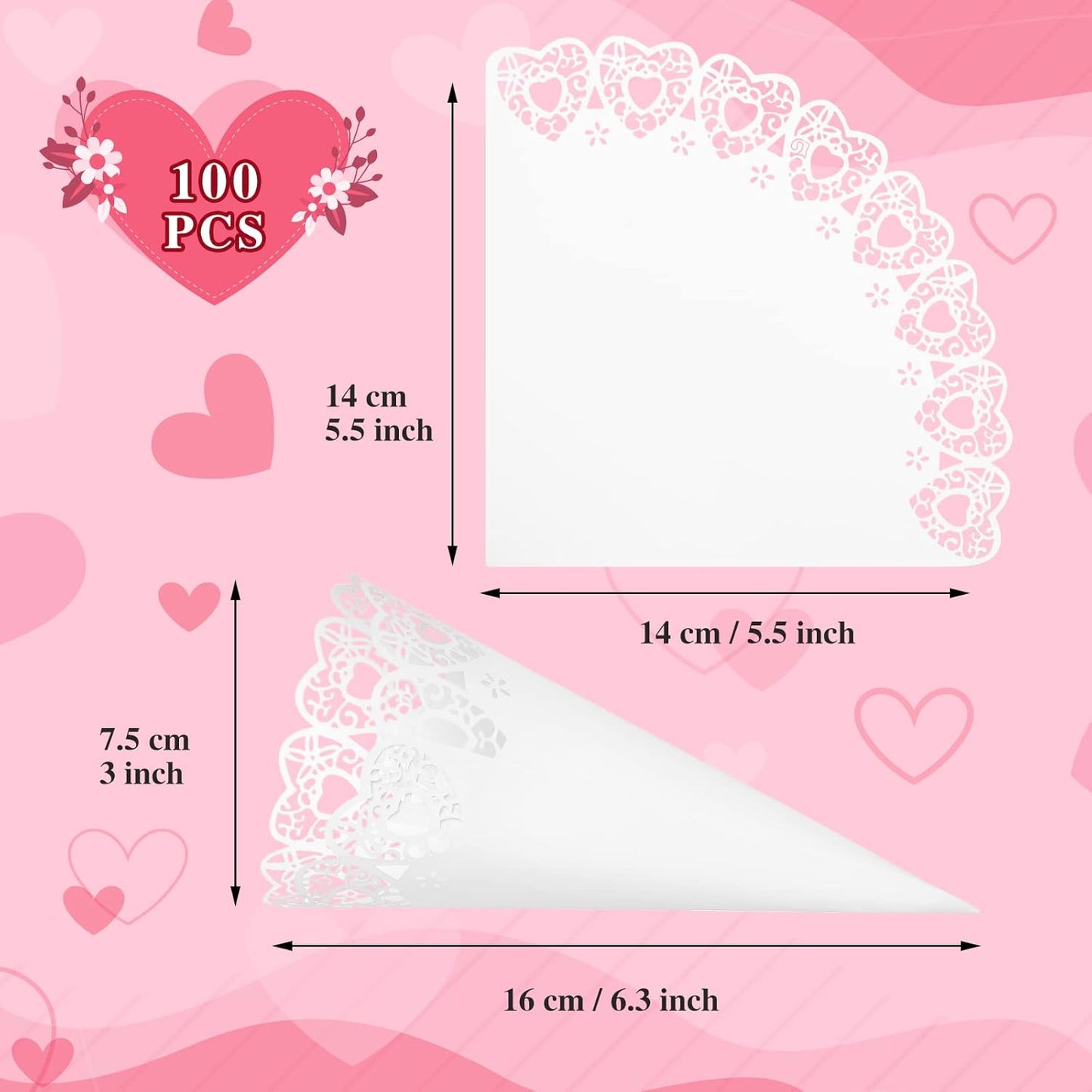 GWHOLE 100 Pcs Wedding Confetti Cones, Heart Paper Petal Cone for Wedding Party, White