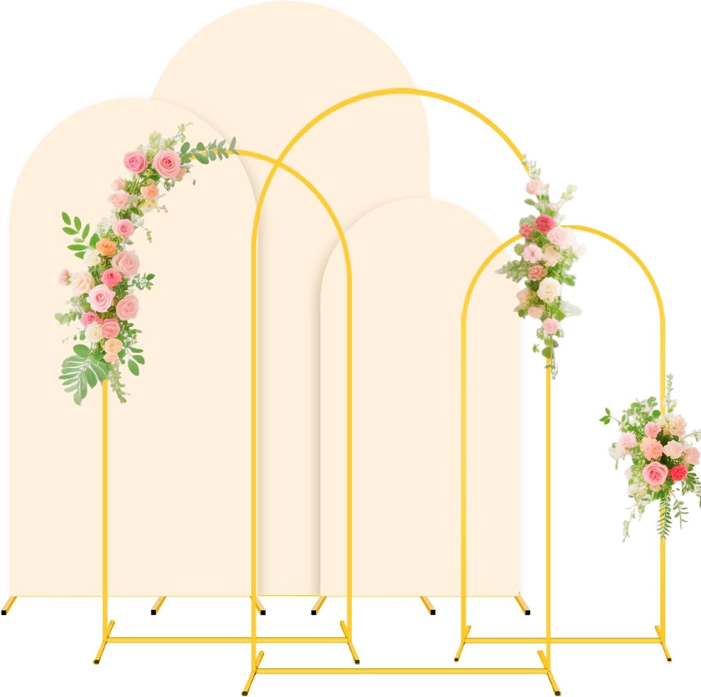 Party Arch Backdrop Stand and Cover Set of 3 (6FT, 5FT, 4FT) Metal Arch Frame Balloon Party Backdrop Arches Stand with Beige Arched Covers Stretchy Backdrops for Baby Shower Birthday Ceremony Decor