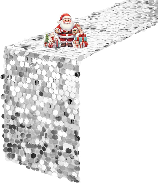 VHH Sequin Table Runner 12 x 108 inches Silver Table Runner, Glitter Runner for Party Wedding Birthday, Party Spring Easter Rustic, Birthday Supplies Decorations (1 Pack).