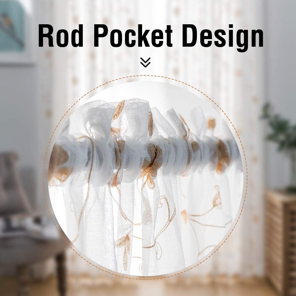 Floral Embroidery Gold Sheer Curtains 84 Inches Long, Rod Pocket Sheer Drapes for Living room, Bedroom, 2 Panels, 52"x84", Semi Crinkle Voile Window Treatments for Yard, Patio, Villa, Parlor.