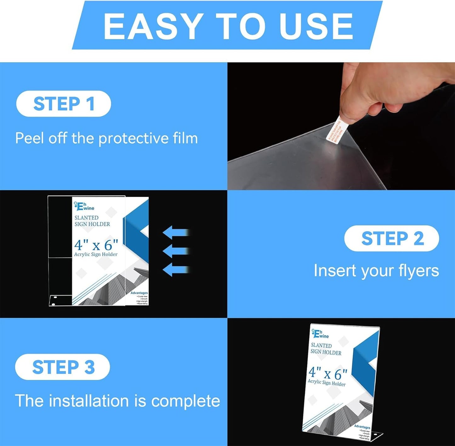EHWINE 6 Pack 4 x 6 Acrylic Sign Holder, Clear Plastic Signs Display Stand, Vertical Slanted Back Paper Holder Stand up Table Top Sign Holders Flyer Stand Frames Suitable for Office Business Store