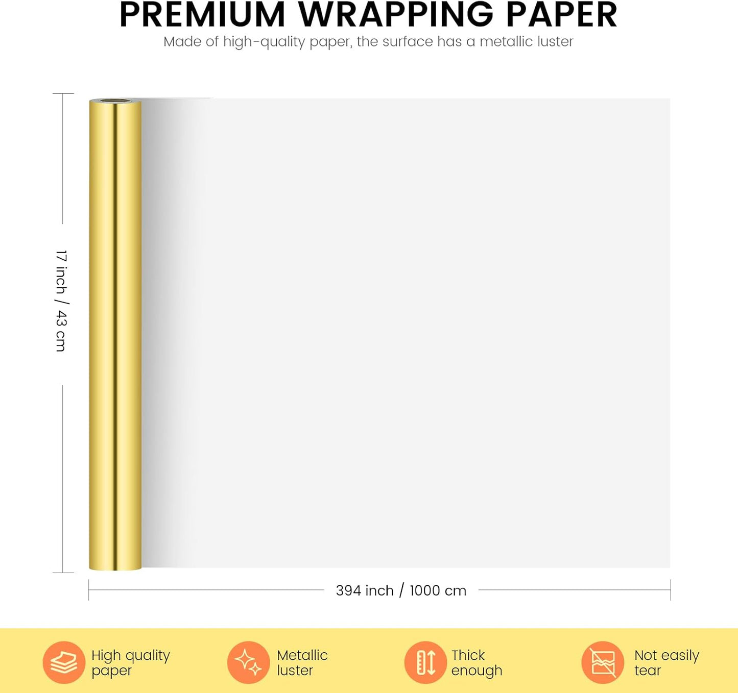 KMER LIFE Metallic Wrapping Roll (Gold) - 17 x 394 Inch, Premium Gift Wrapping for Birthday, Wedding, Christmas, Parties