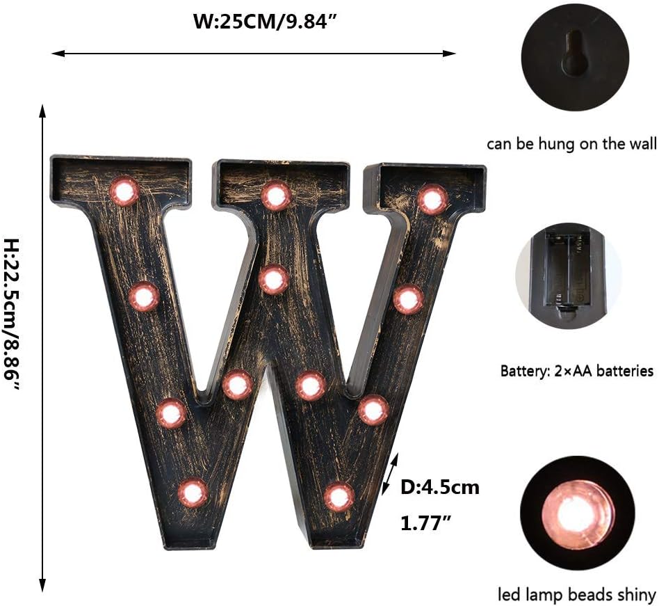 OYCBUZO Golden Black Led Marquee Letter - Industrial, Vintage Style Light Up Alphabet Letter Sign for Cafe Wedding Birthday Party Christmas Lamp Home Bar Initials Decor - W