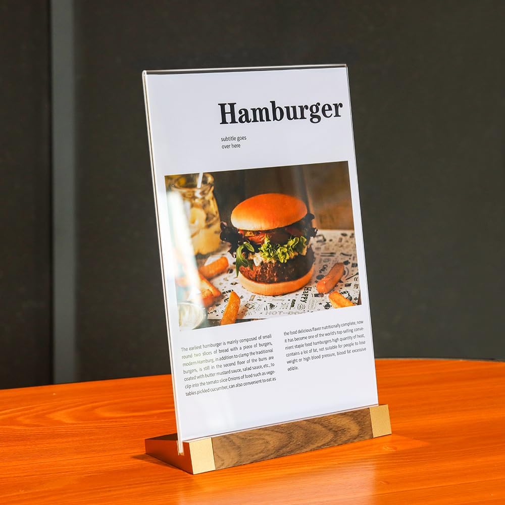 Acrylic Mini Sign Holder 4x6 Inch with Wood-Color Base, Acrylic Tabletop Display Sign Frame Vertical Clear for Store/Coffee Shop/Restaurant Menu Hotel/Office Display Holder, 2 Pack L Shape