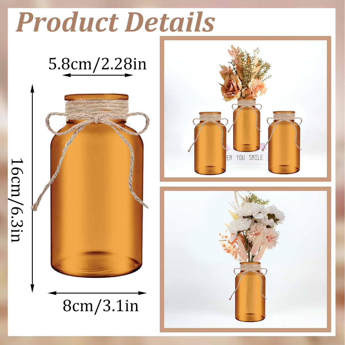 Vintage Glass Flower Vase，12 Pack Farmhouse Amber Gold Glass Centerpiece Vases Mason Jars for Weddings, Parties & Home Decor Bulk (12, Amber)