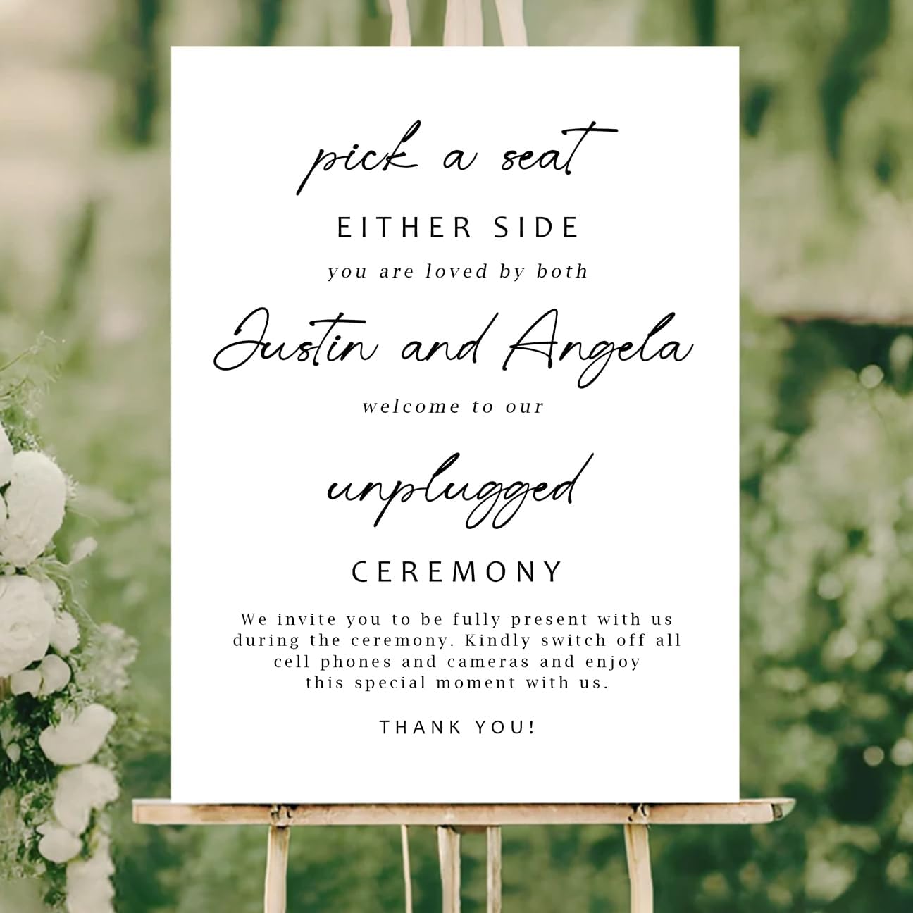 Minimalist Pick a Seat & Unplugged Wedding Sign – Custom Outdoor Yard Sign – Black and White Script Design