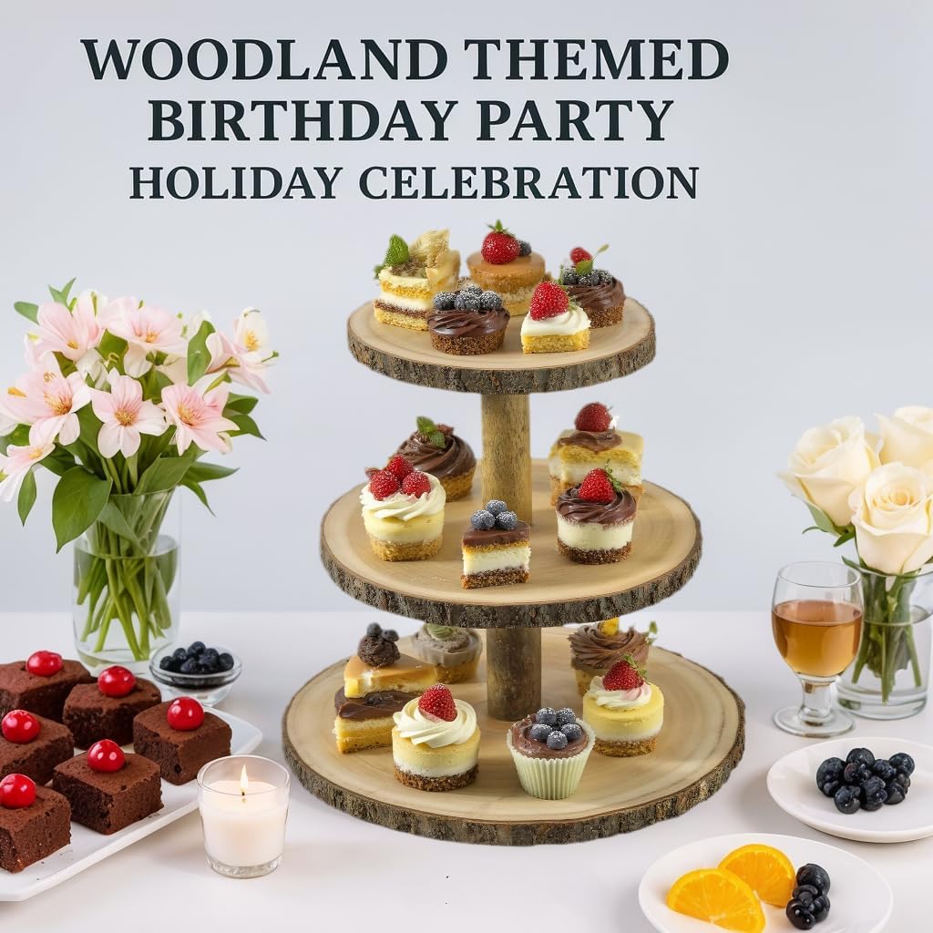 Cupcake Stand Wood Dessert Stands 3 Tier Cupcake Tower Large Cupcake Display Stand Rustic Cupcake Tier Stand for Woodland Baby Shower Decorations,Wedding,Birthday,Party,Farmhouse Decor