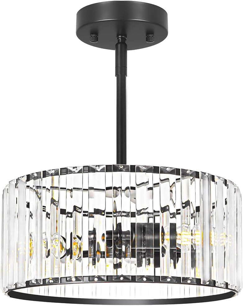Black 3 Light Crystal Chandelier, Modern Dining Room Light Fixture over Table, Round Kitchen Lighting Fixture, Farmhouse Semi Flush Mount Ceiling Pendant Light for Living Room Bedroom Hallway Entryway