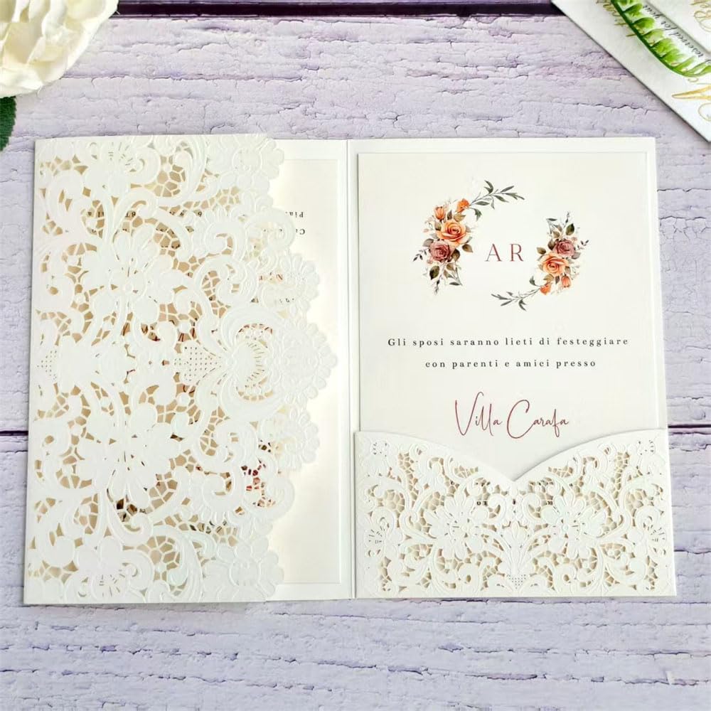 MillaSaw Ivory Embossed Laser Cut Invitation Pocket Envelope, Floral Engraved Invitation Sleeve, for Anniversary Bridal Shower Quinceañera Birthday Party (ivory)