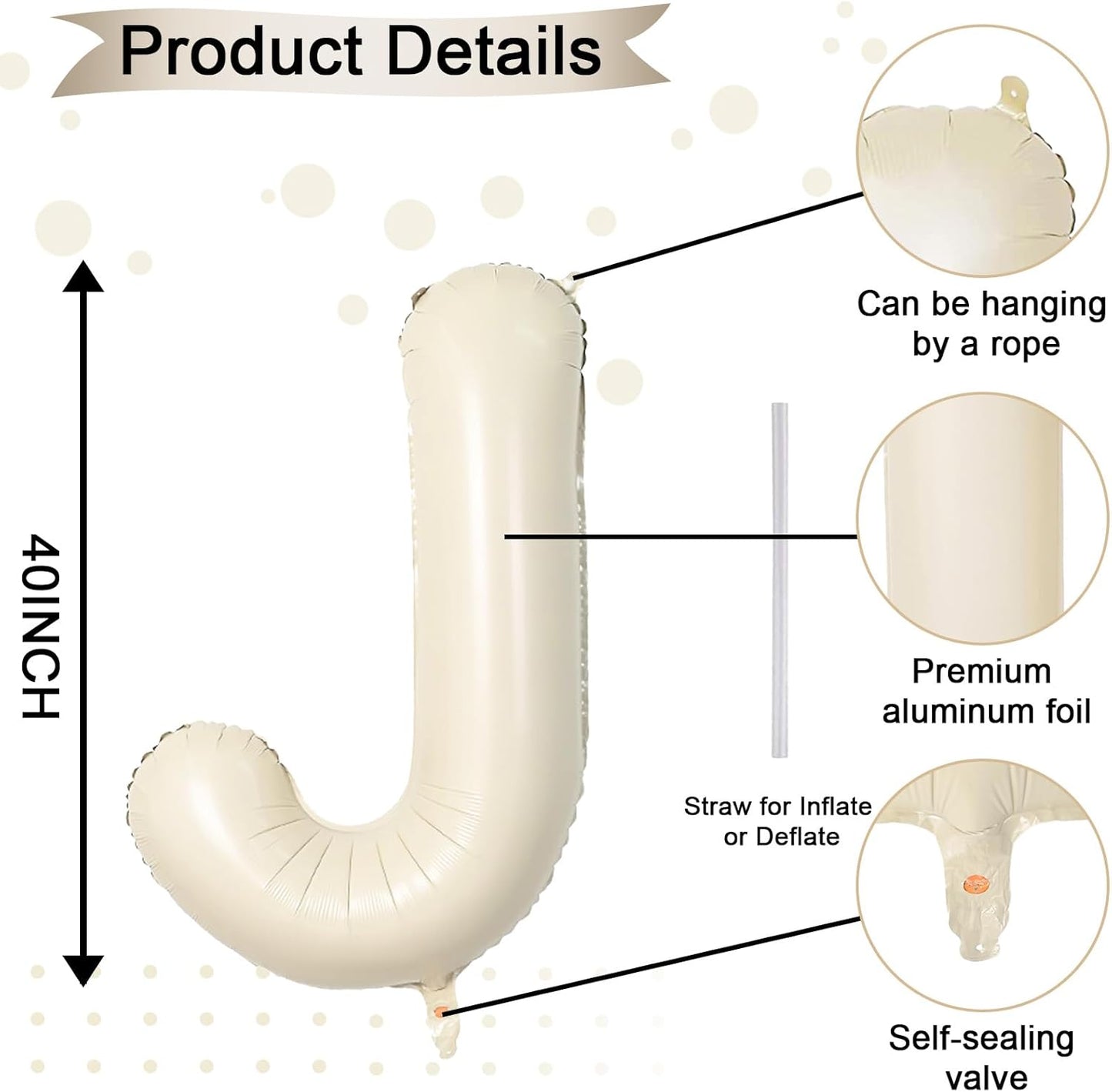 40 Inch Letter Balloons J, Big Custom A-Z Alphabet Foil Name Balloon Cream White, Self Inflating Beige Customize Helium Balloon Letters J for Women Girls Birthday Bride Baby Shower Party Decorations