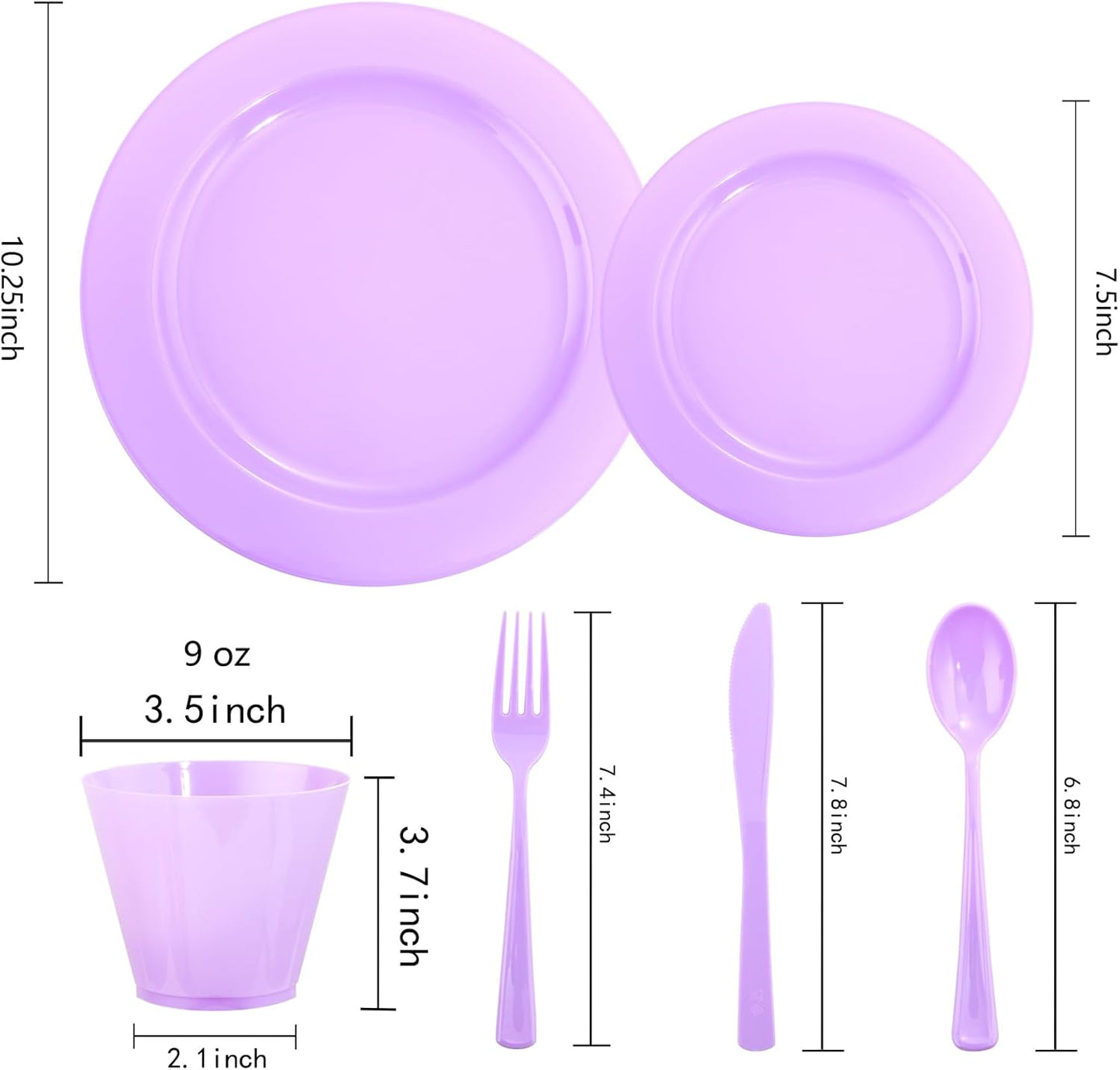 KIRE 150 PCS Purple Plastic Plates - Purple Dinnerware Set Disposable 25 Dinner & 25 Salad Plates 25Forks 25Knives 25Spoons 25Clear Cups for Birthday/Baby Shower