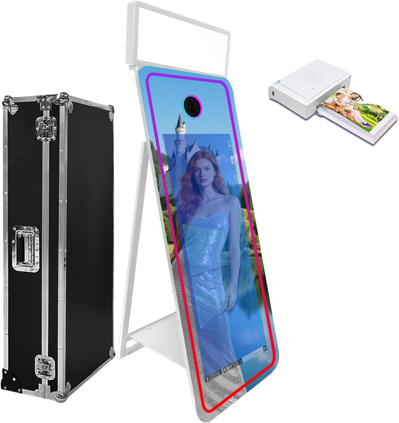 65''Magic Mirror Photo Booth Machine,Mirror Photo Booth 43''Touch Screen,Photo Booth with Flight Case,App Control,RGB Light for Wedding Party Events (White, Machine+Mini Printer)