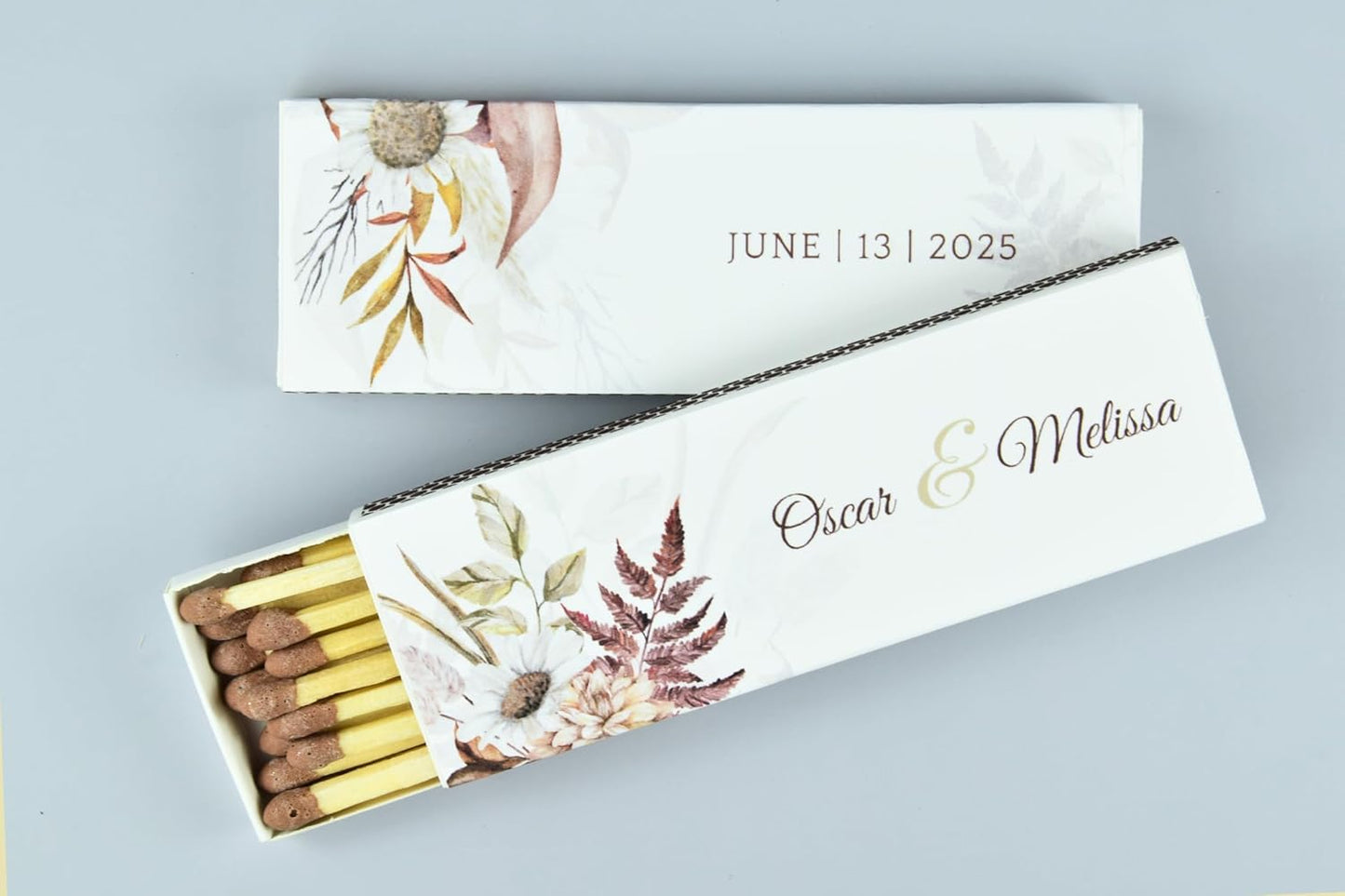 10 Boxes - Customized Matchboxes Colorful Tips (Wedding Design #5, 4" Matchboxes) (4" Matchsticks, Wedding Design #4)