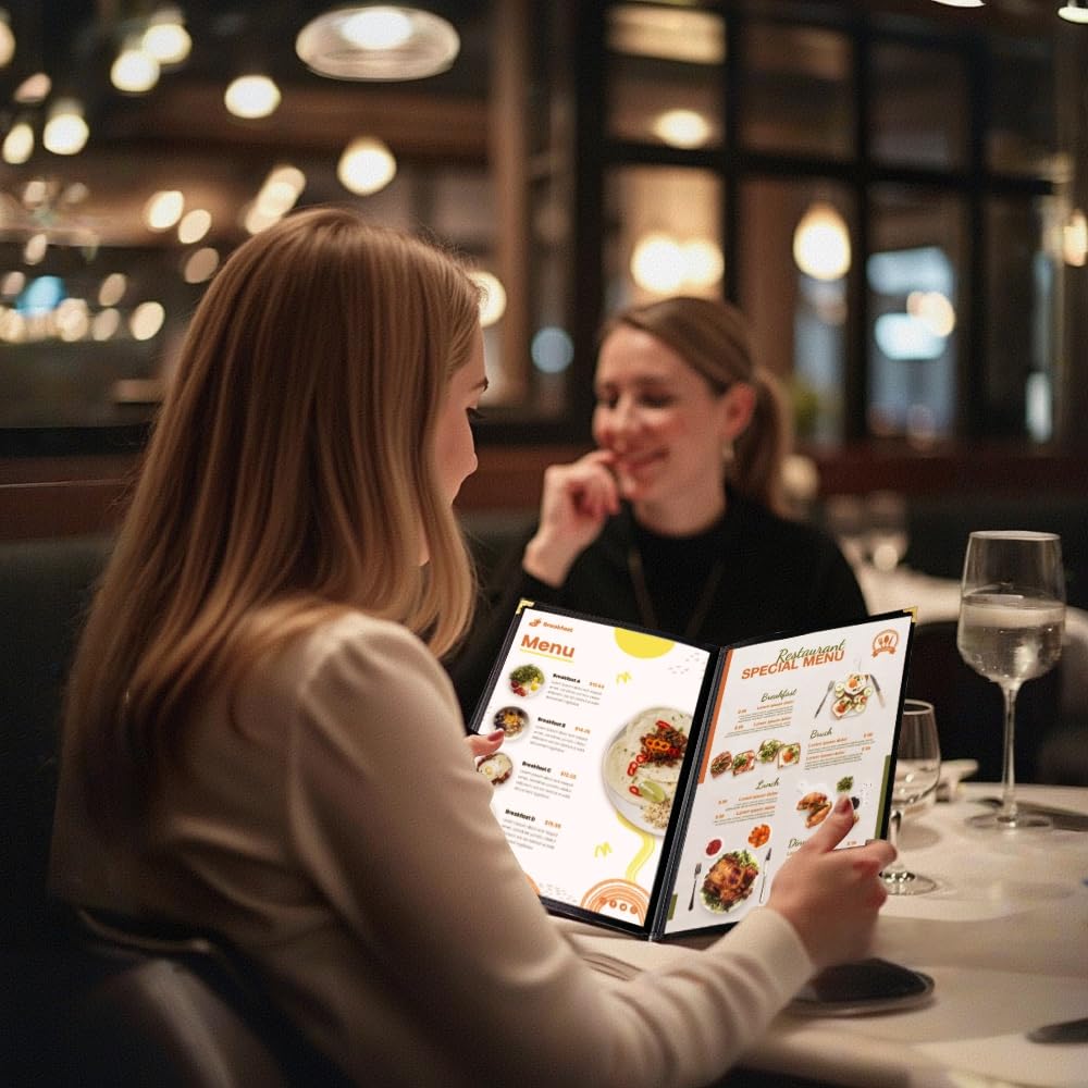 Goodsmart Restaurant Menu Covers – 25 Pack Black 6-View Booklet 8.5" x 14", Side-Loading Vinyl & Plastic Menu Holders, Clear Menu Sleeves, Leather-Style Café Covers with Gold Corners