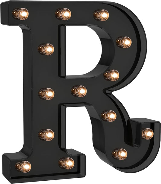 Foaky Black LED Letter Lights for Room Decor - Bedroom Wall Decor, Alphabet Lights for Home, Wedding, Party - Battery Operated （R）