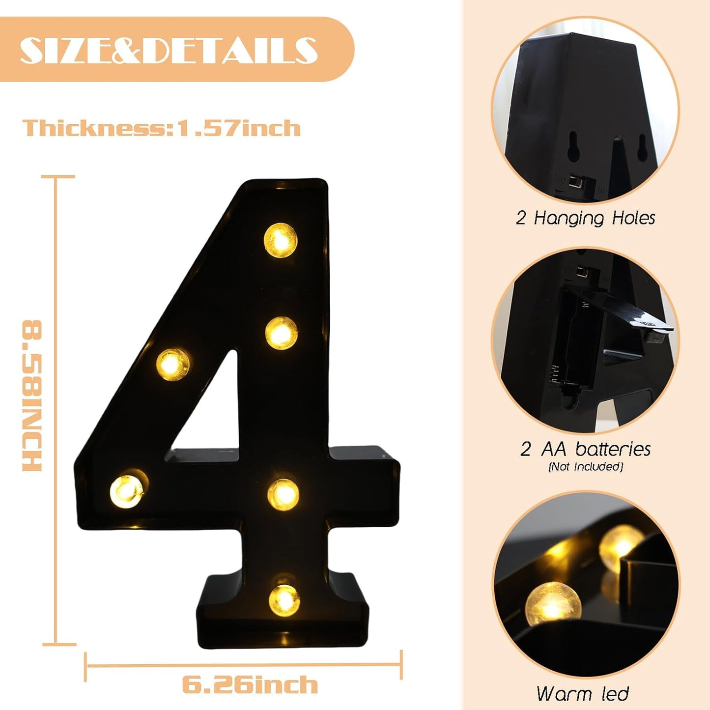 LED Marquee Numbers, 8.58 Inch Led Light Up Numbers for Party, Small Light Up Letters, Battery Powered Lighted Number for Table, Birthday, Night Light, Christmas or Home Decor (Black, Number 4)