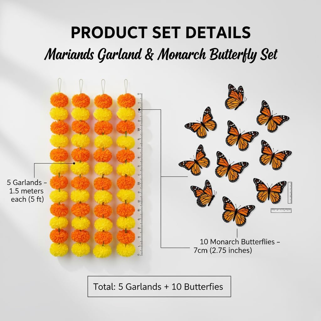 Marigold Garland for Decoration 5 Packs × 5ft Artificial Marigold Garlands Vibrant Orange Yellow Faux Flowers Includes 10 Butterfly Accents for Diwali Pooja Wedding Indian Decor