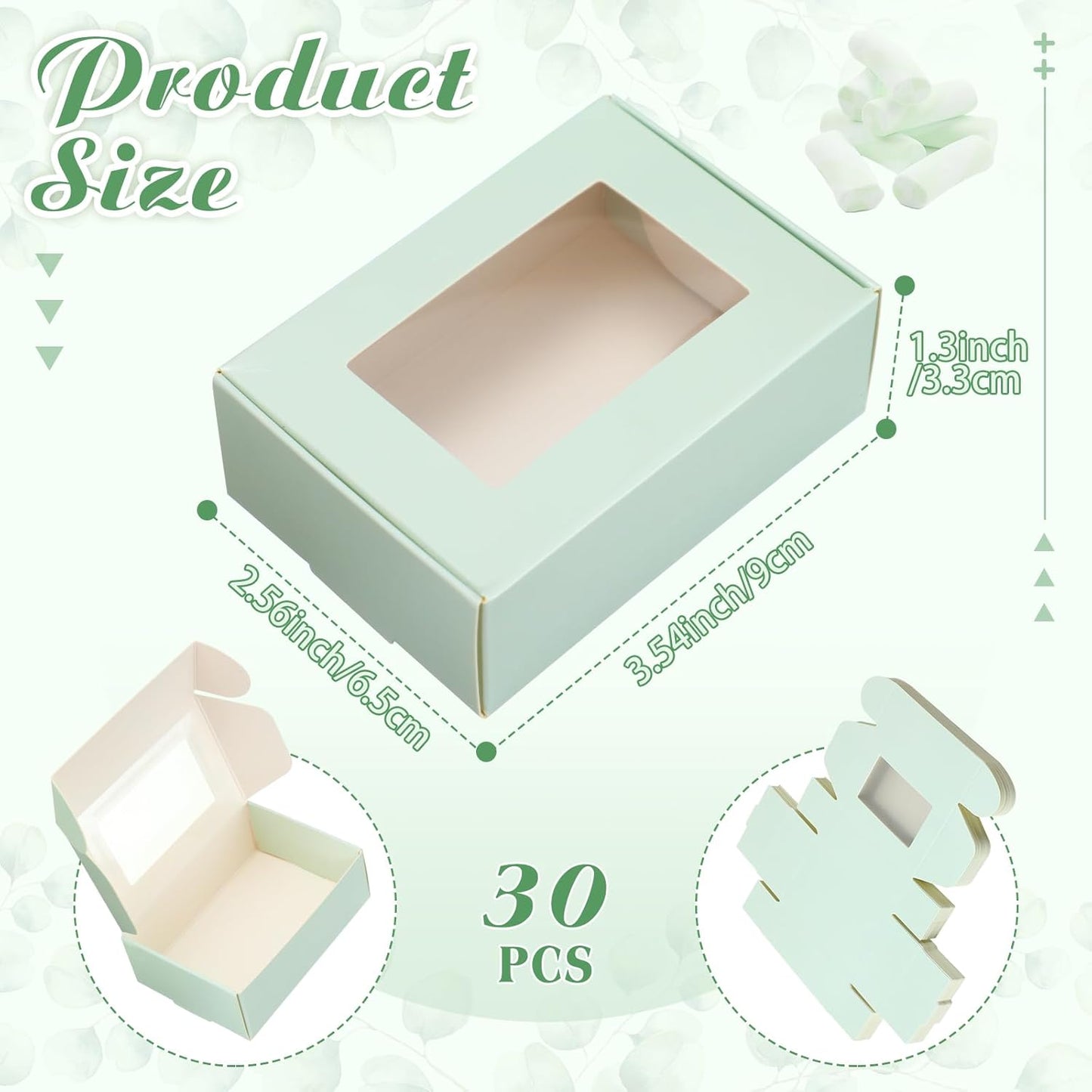 Zonon 30 Pcs Soap Boxes for Homemade Packaging, Mini Kraft Treat Boxes with Window for Bakery Candy Soap Making Gift Packaging(3.5 x 2.4 x 1.2 Inch,Light Green)