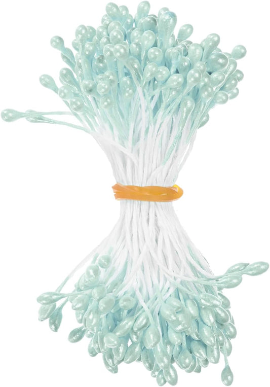 150-Pack Flower Stamens for Crafts, 5mm Double Heads Artificial Pearl Floral Pistil Mini Flower Pollens Stamens for DIY Making/Wedding/Scrapbook Decoration [Light Blue]