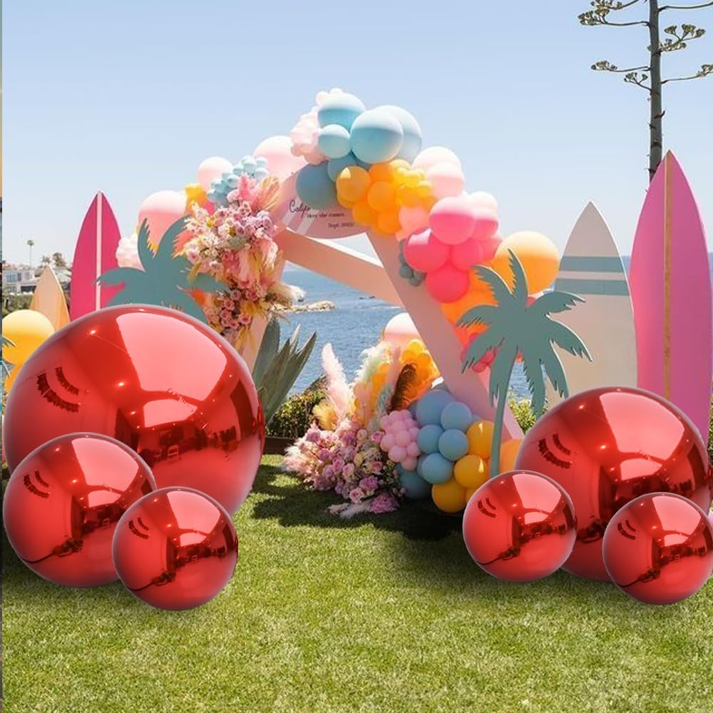 6 PCS Red Mirror Balls Inflatable Beautiful Decorative Spheres for Events & Gardens - Easy Setup & Storage