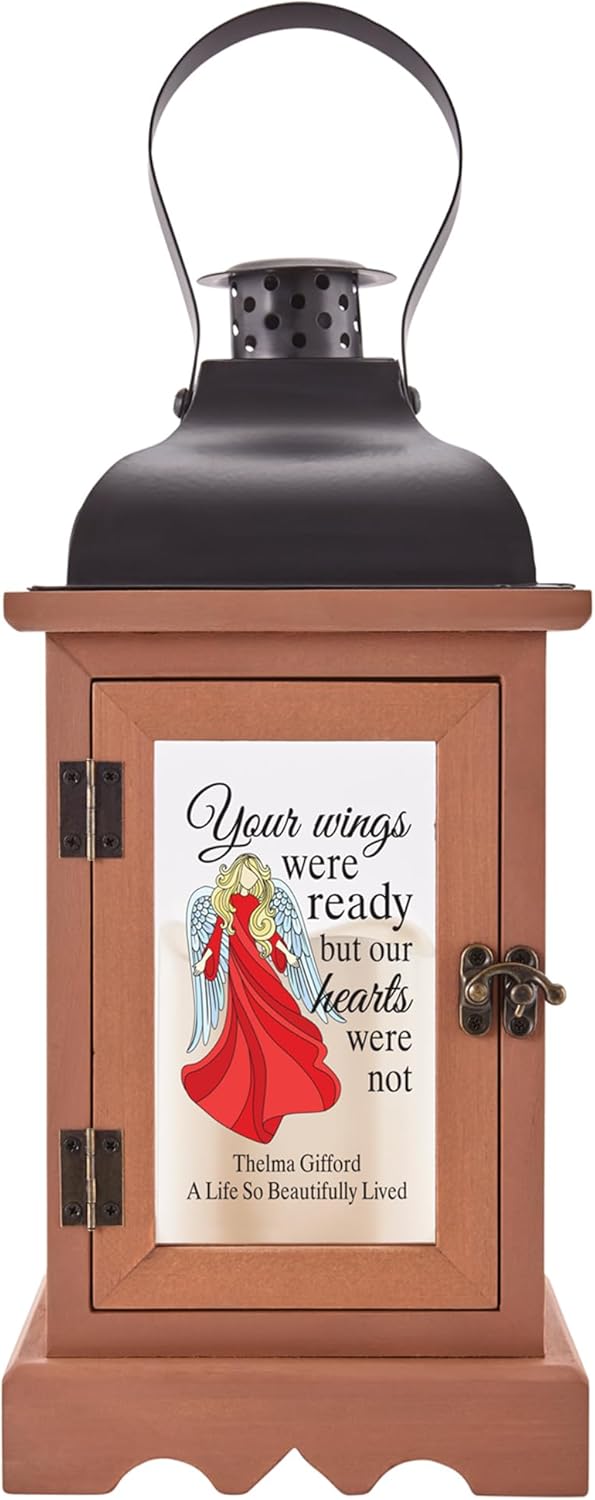 Let's Make Memories Personalized Memorial Lantern - Sympathy - Condolences - in Memory - LED Candle - Automatic Timer - Wood/Metal - Wings of Love
