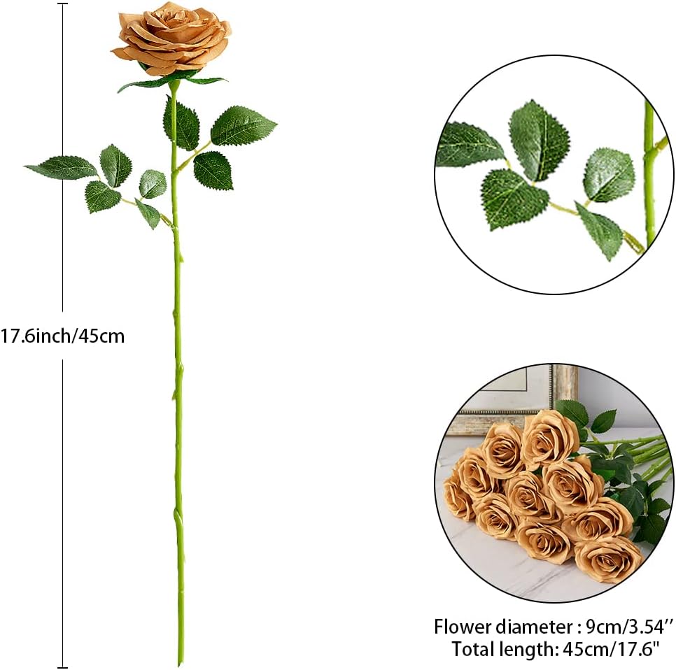 Artificial Rose 10pcs Open Flower Bouquet Faux Rose Stems for Wedding Arrangement, Bridal Bouquet, Centerpiece, Fake Faux Silk Flowers (Toffee)