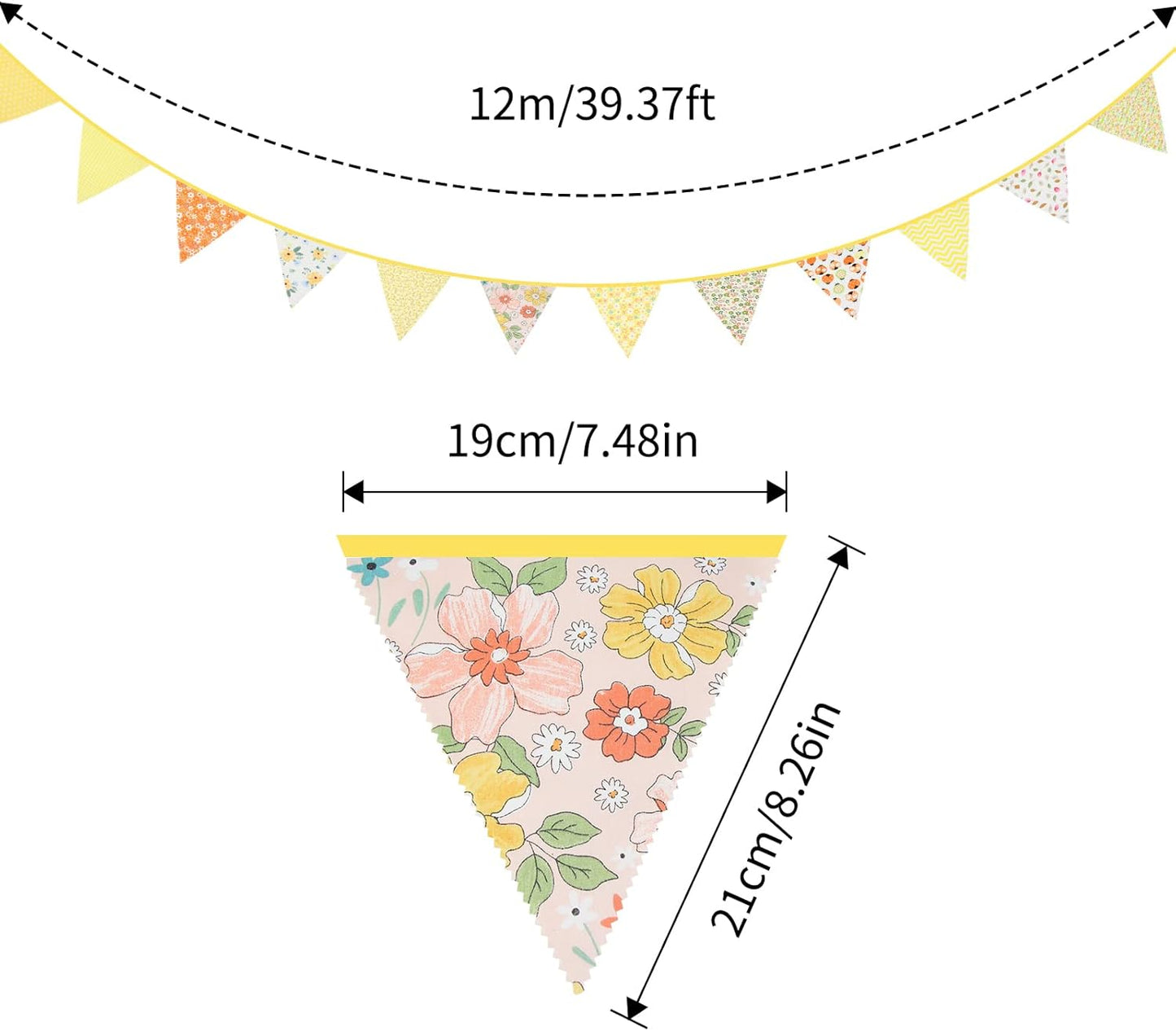 jijAcraft 39Ft Triangle Bunting Banner, 42Pcs Tea Floral Party Bunting Cotton Fabric Flags Pennant Garlands for Birthday Party, Wedding, Baby Shower, Outdoor and Home Decorations (Yellow)