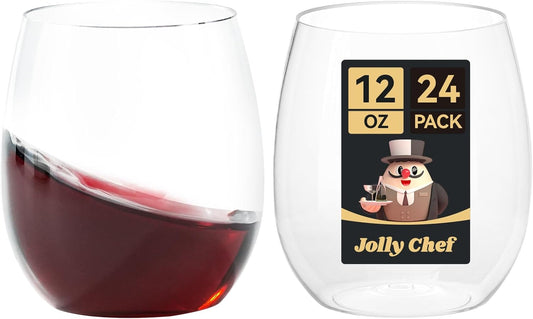 JOLLY CHEF 24 Pack 12 Oz Disposable Plastic Wine Glasses. Shatterproof, Unbreakable, Crystal, Stemless Plastic Wine Cups for Party, Halloween, Christmas