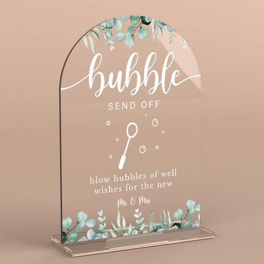 Acrylic Wedding Sign Bubble Send Off Signs for Ceremony Modern Calligraphy Arch Acrylic Table Top Signs for Wedding Reception and Event Party Table Decor (Eucalyptus Leaves)