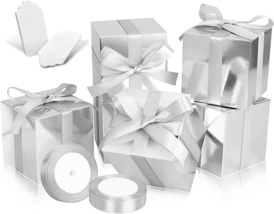 50 Pack Small Favor Boxes, 4x4x4 Silver Paper Gift Boxes with Lids for Presents, Crafting, Cupcake, Candy, Wedding Party, Bridal Shower, Baby Shower Favors